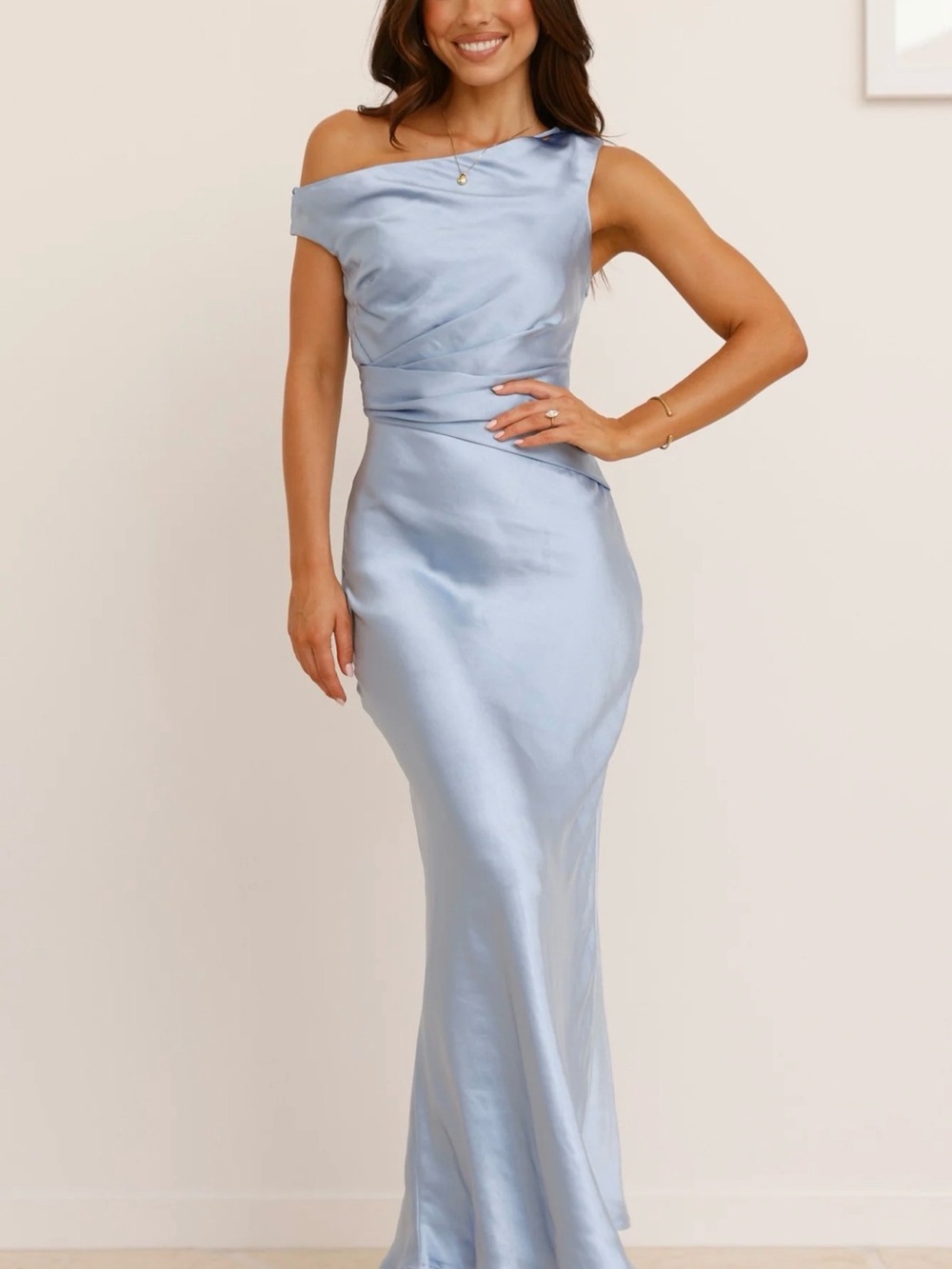 Billy J One-Shoulder Satin Midi Dress in Light Blue